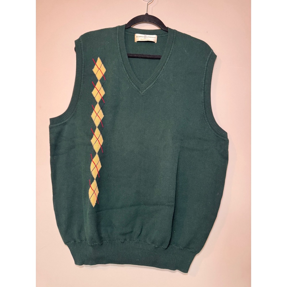 Fairway & Greene Mens Green Argyle Pima Cotton V-Neck Golf Sweater Vest Large